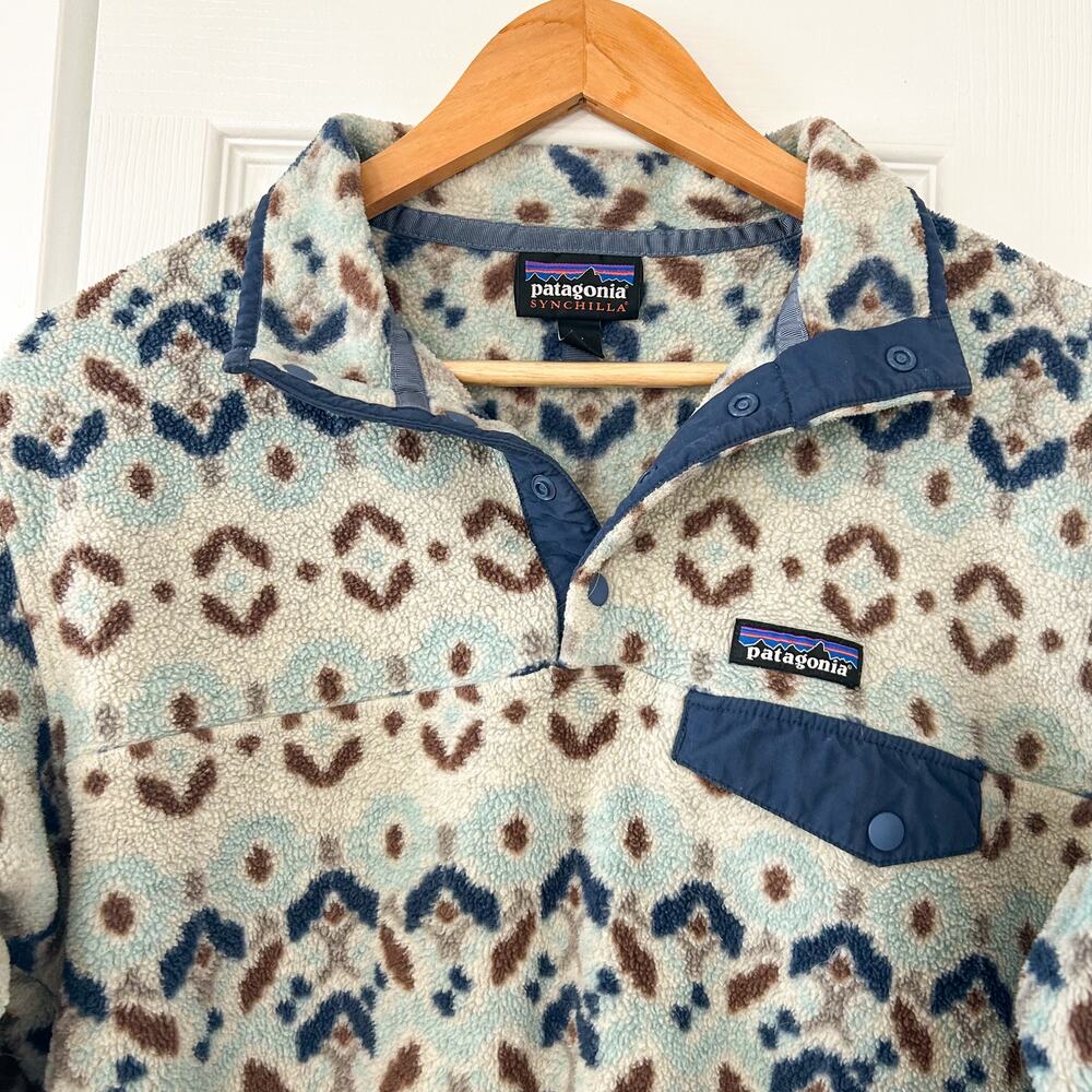 Patagonia Synchilla Snap T Pullover Womens Medium Blue Aztec Fleece Jacket - Picture 2 of 6